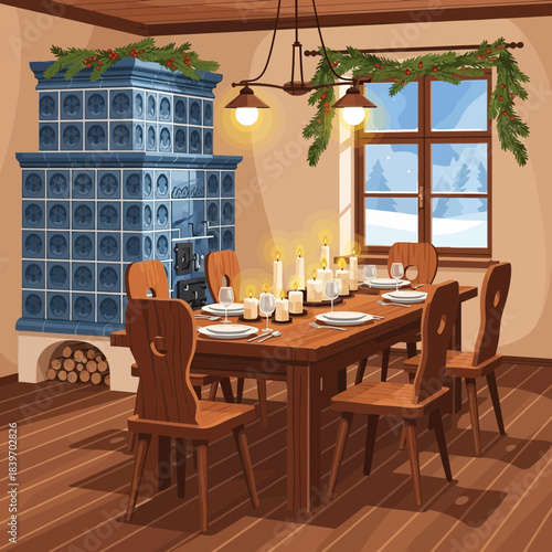 Cozy rustic dining room interior with wooden furniture and decorative accents