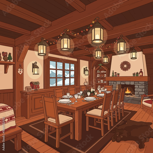 Cozy rustic dining room interior with wooden furniture and warm fireplace ambiance