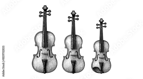 Vintage illustration of three violins in different sizes on a white background