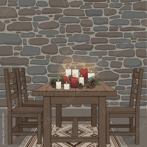 Cozy rustic dining room setup with wooden table and lit candles on a stone wall background