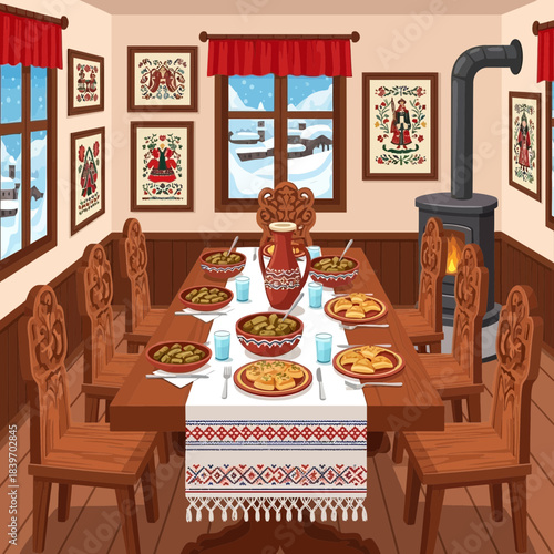 Cozy rustic dining room with a festive winter theme featuring a wood stove and holiday decorations