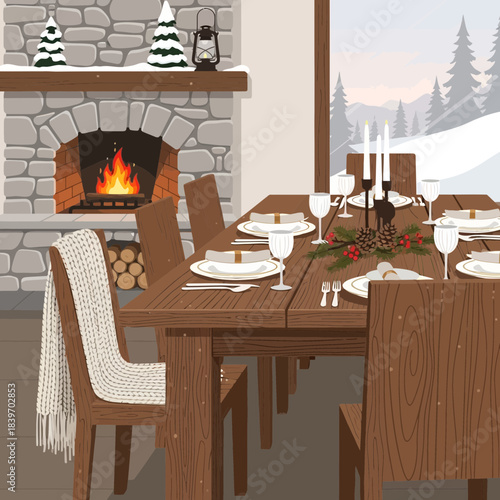 Cozy rustic dining room with a stone fireplace adorned with logs and holiday decorations for