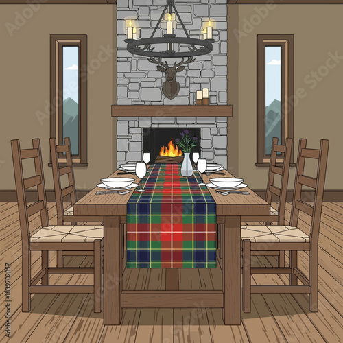 Cozy rustic dining room with a stone fireplace and wooden furniture for family gatherings