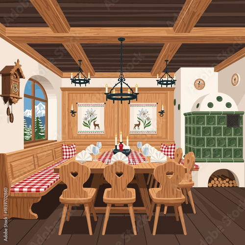 Cozy rustic dining room with wooden accents and traditional decor elements for family gatherings