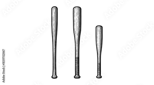 Baseball bats illustration in black and white on a clean white background