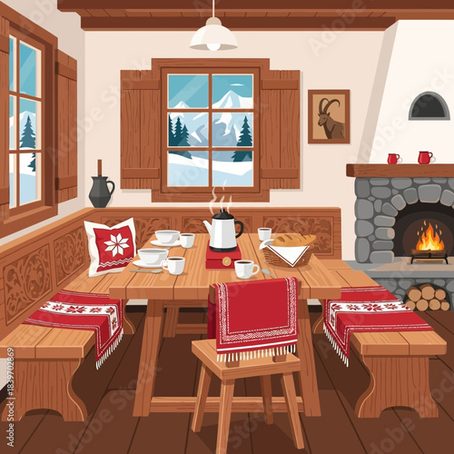 Cozy rustic dining room with wooden furniture and a large stone fireplace