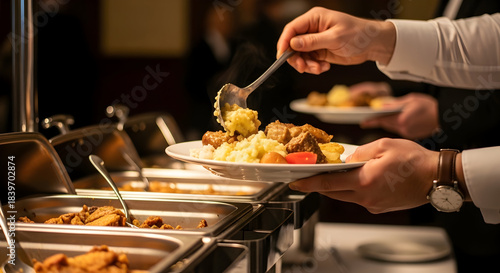 Hands serving steaming food from a buffet onto a plate, steaming hot meal
