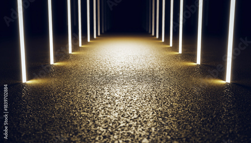 Dark corridor illuminated by parallel golden vertical light strips.