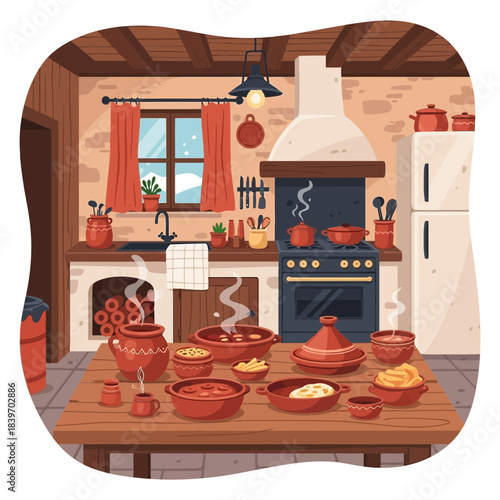 Cozy rustic kitchen interior with traditional cookware and warm wooden accents