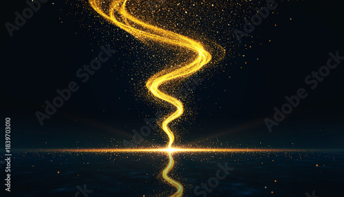 Golden particle spiral rising from dark reflective surface.