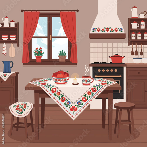 Cozy Traditional Kitchen Scene with Wooden Furniture and Floral Decor