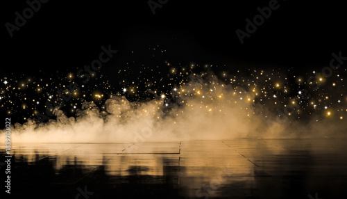 Golden luminous particles rising from illuminated mist over a dark reflective surface