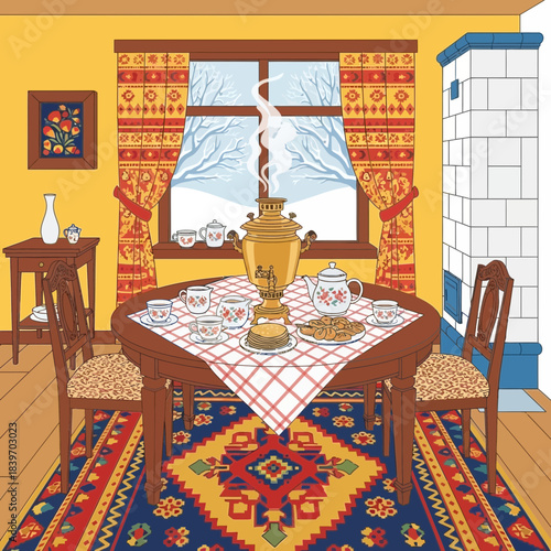 Cozy traditional kitchen with a dining table set for tea and snacks featuring colorful decor and a
