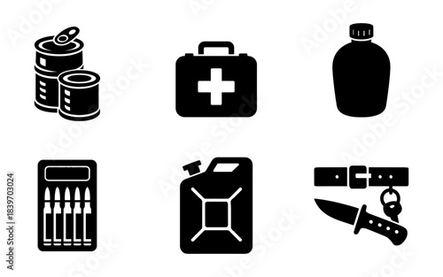 Survival kit silhouette icons set, canned food, first aid box, water canteen, ammo pack, jerrycan and knife