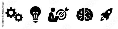 Productivity and startup silhouette icons set, gears, idea bulb, target, brain and rocket