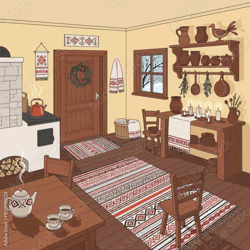 Cozy traditional kitchen and dining area with rustic wooden furniture and decorative elements