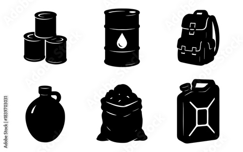 Survival supplies silhouette icons set, oil barrel, travel backpack, water jug, grain sack and jerrycan