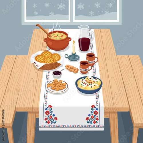 Cozy winter meal setup on a wooden table with pasta soup, cookies, and berry juice in front of a