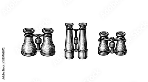 Vintage Binoculars Illustration: A Detailed Engraving on White Background