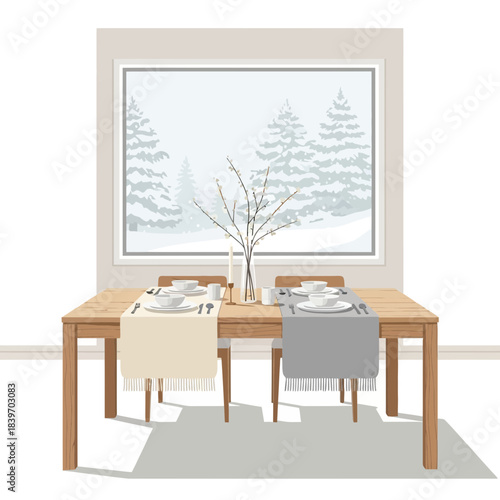 Cozy winter scene with a dining table overlooking snowy landscape through a large window