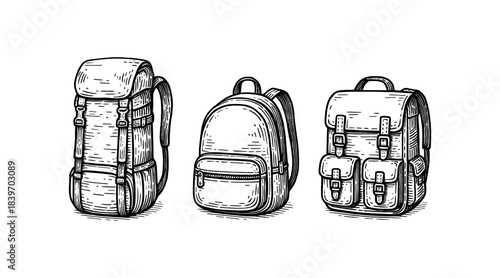 Hand-drawn backpacks illustration in black and white, perfect for travel and adventure