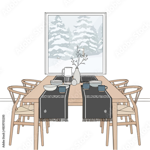 Minimalist Dining Room with Large Window Showing Snowy Winter Landscape and Contemporary Table