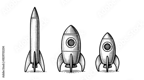 Vintage Rocket Ship Illustrations in Engraved Style on White Background