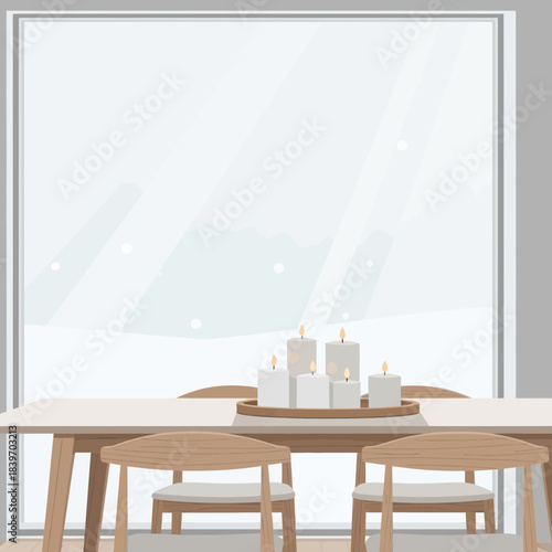 Modern cozy dining area with minimalist design and decorative candles illuminating the space