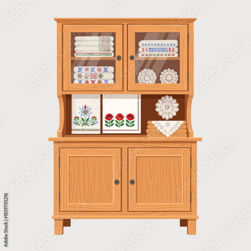 ornate wooden cabinet displaying colorful textiles and decorative ceramics with closed lower doors