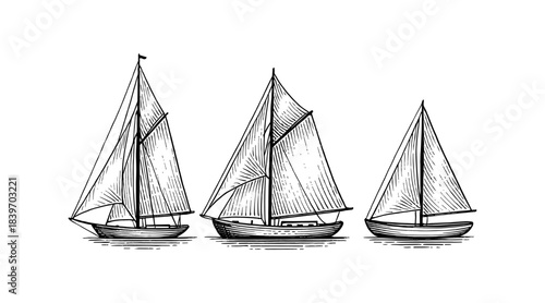 Detailed illustration of three sailboats on a white background, nautical theme