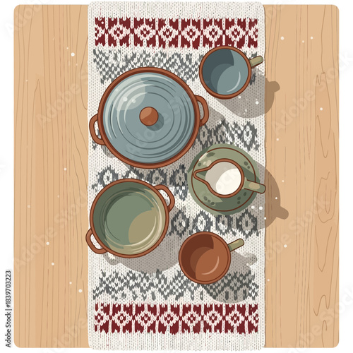 Top-down view of cooking utensils including pots and pans arranged on a patterned cloth on a
