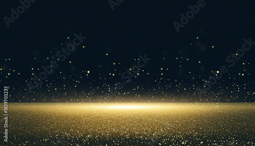 Glowing golden glitter stage platform illuminated by a bright horizontal light strip against a dark background.