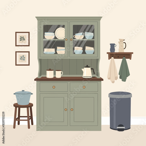 Vintage kitchen cabinet with dishes and utensils in a cozy home setting