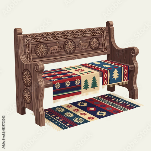 Traditional wooden bench decorated with colorful Christmas themed fabric and rug for festive
