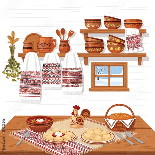 Traditional wooden kitchen shelf and table setting with rustic pottery and embroidered textiles