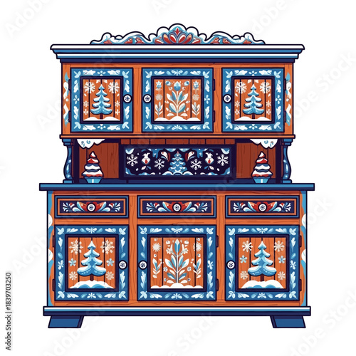 Traditional handcrafted wooden cabinet with intricate carved and painted details in red blue and