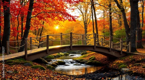 Autumn Scene With Wooden Bridge Over Creek In Colorful Forest