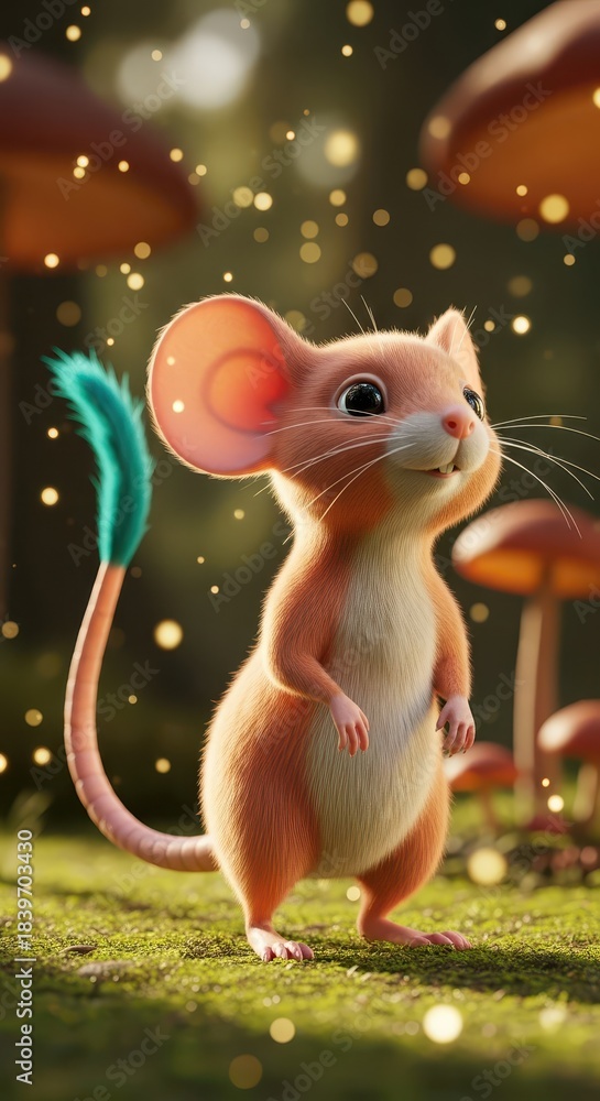 Fototapeta premium Adorable anthropomorphic rodent with a bright tail stands in a magical forest setting