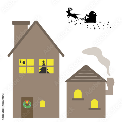 煙突のある家とシルエットサンタのイラスト