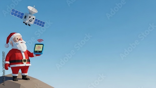 Low poly Santa Claus struggling with a confusing navigation device while a friendly satellite hovers overhead