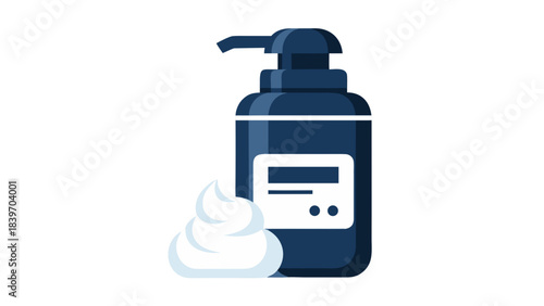 Dark Blue Dispenser Bottle with White Label and Foamy White Substance Next to it Isolated on Black Background Clean Vector Graphic