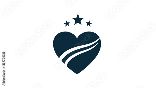 Dark Blue Heart Icon With Three Stars and Abstract Waves Symbolizing Love and Aspirations on Black Background