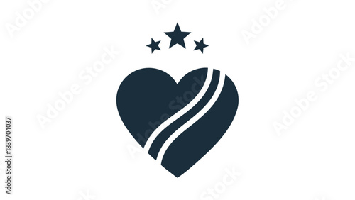 Dark Blue Heart Shape With Three Stars Above And Two Parallel Lines Crossing The Heart On Black Background Minimalist Logo Design