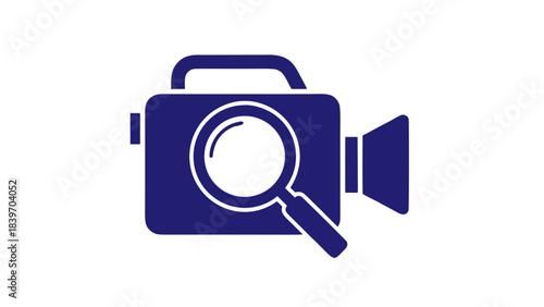 Dark Blue Icon of a Video Camera with a Magnifying Glass Overlay on a Black Background Representing Surveillance or Analysis of Footage
