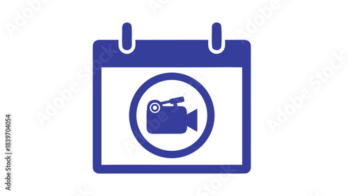 Dark Blue Icon of a Calendar Page with a Circle Containing a Vintage Video Camera Symbol on a White Background