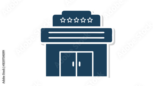 Dark Blue Movie Theater Building Icon With Five Stars Above The Marquee And Double Doors Entrance Against A Black Background