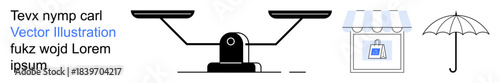 Legal equity, small business, protection, e-commerce, insurance, retail safety. Minimalistic icons of a balance scale, storefront and umbrella. Legal equity and small business