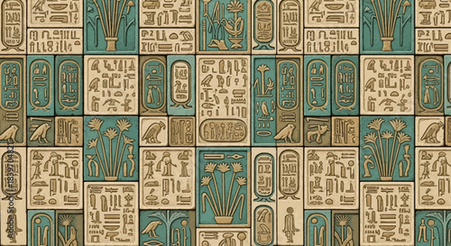 Ancient Egyptian hieroglyphs carved into stone tiles a detailed pattern representing history and culture perfect for background or decorative use