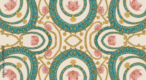 Intricate floral mandala pattern with lotus flowers and gold chain elements decorative seamless background for textile and wallpaper design