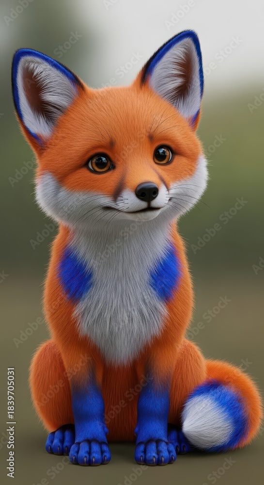Obraz premium Adorable stylized young canine creature features bright orange fur accented with striking blue markings